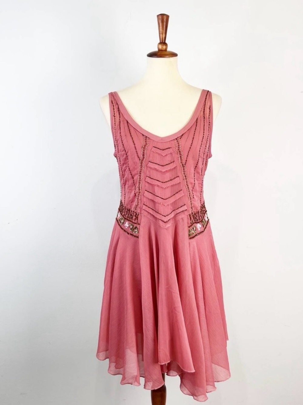 Free people pink sequin beaded chiffon dress sheer slip midi dress L